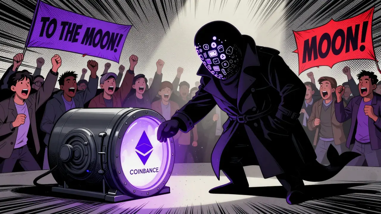 A shadowy whale deposits ETH into an exchange as retail traders celebrate with 'To the Moon' banners.