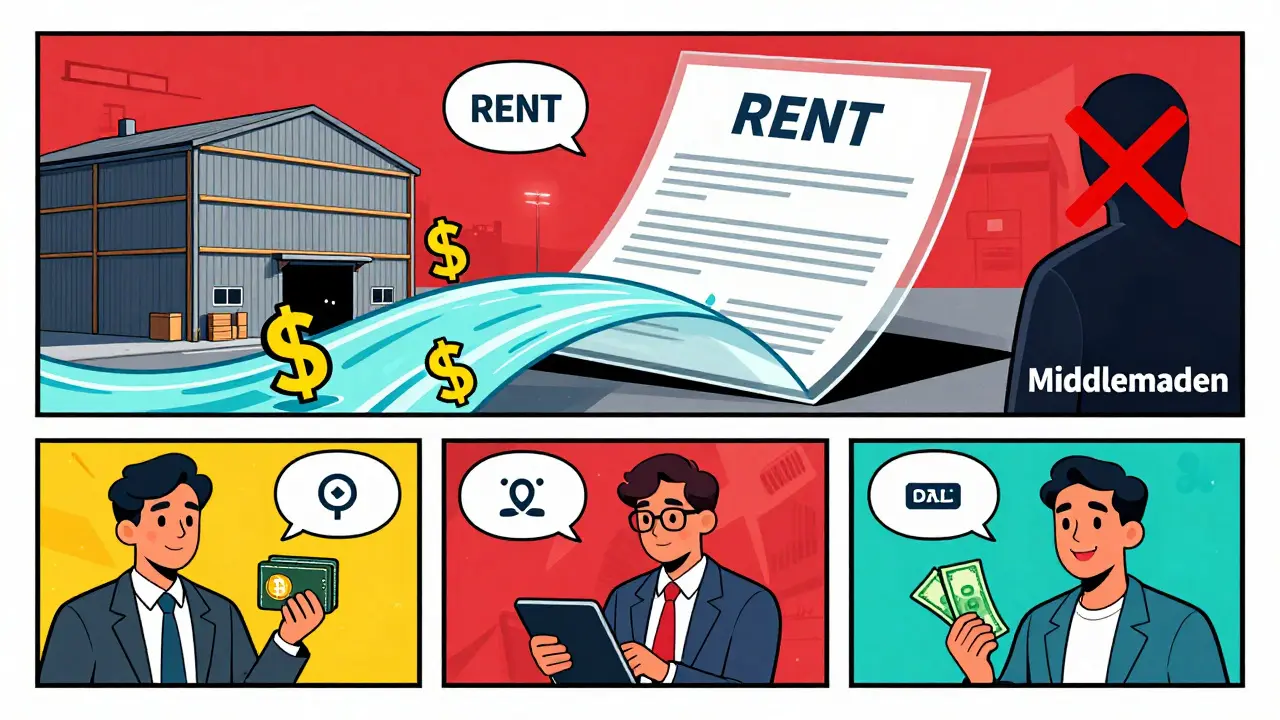 A smart contract automating rent payments to investors, with dollar signs flowing into wallets.