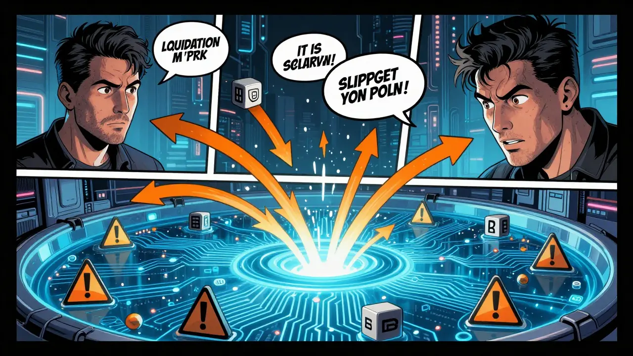 A trader’s wallet feeding borrowed tokens into a shared liquidity pool on Metis with warning signs in comic bubbles.