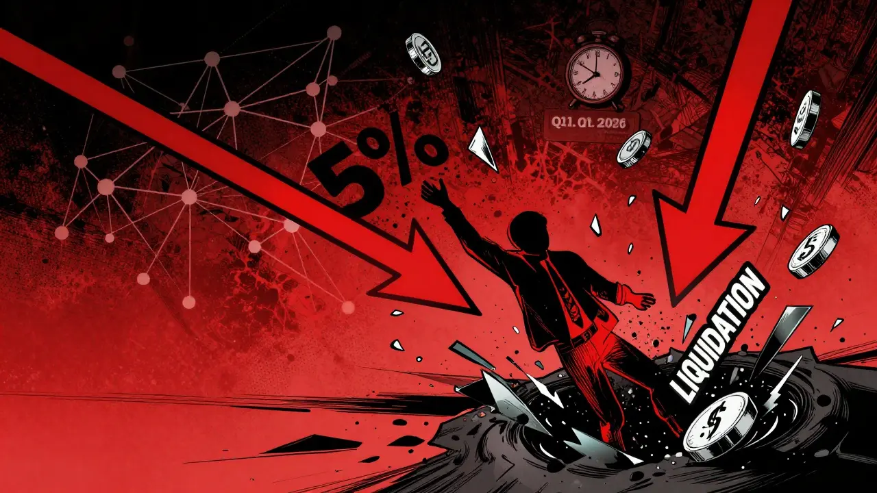 A user’s position being consumed by a liquidation black hole as TETHYS tokens shatter in a pop art comic scene.