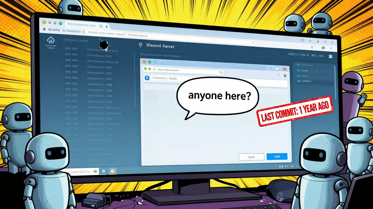 Abandoned Discord dashboard with dwindling members and a year-old GitHub commit notice.