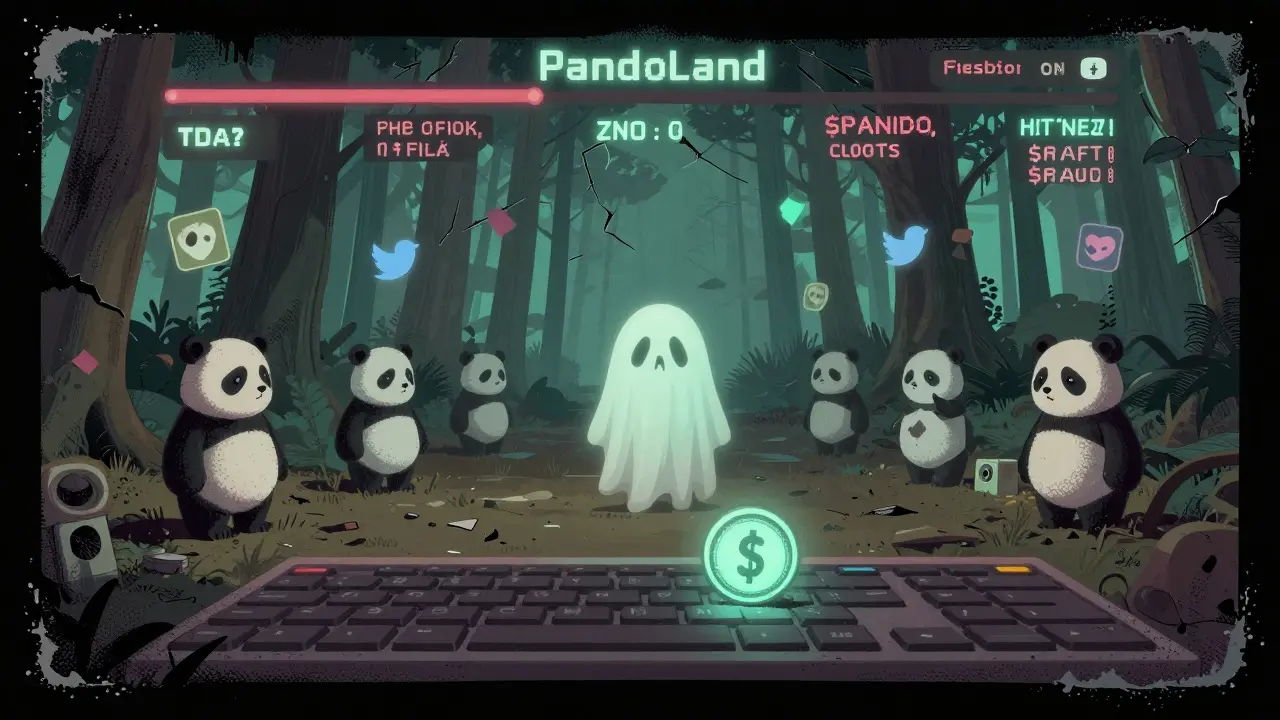 Abandoned PandoLand game with frozen pandas and empty NFT marketplace, single token rolling away in faded colors.