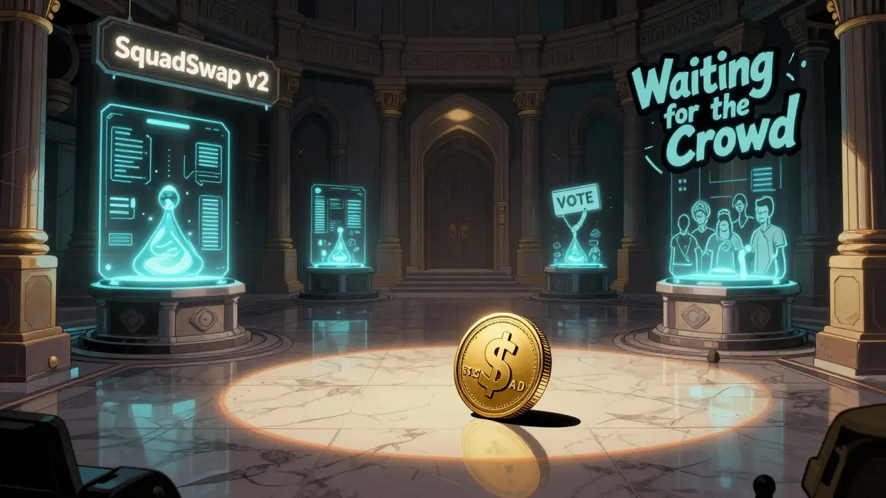 An empty digital temple with idle trading systems and a single rolling $SQUAD token under dim light.