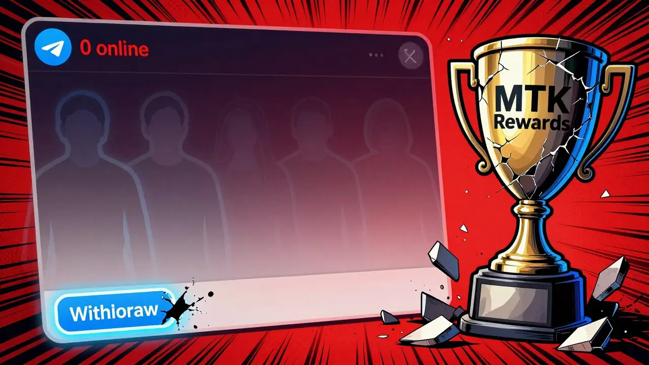 An empty Telegram chat glows with a '0 online' notification, ghostly users fading away.