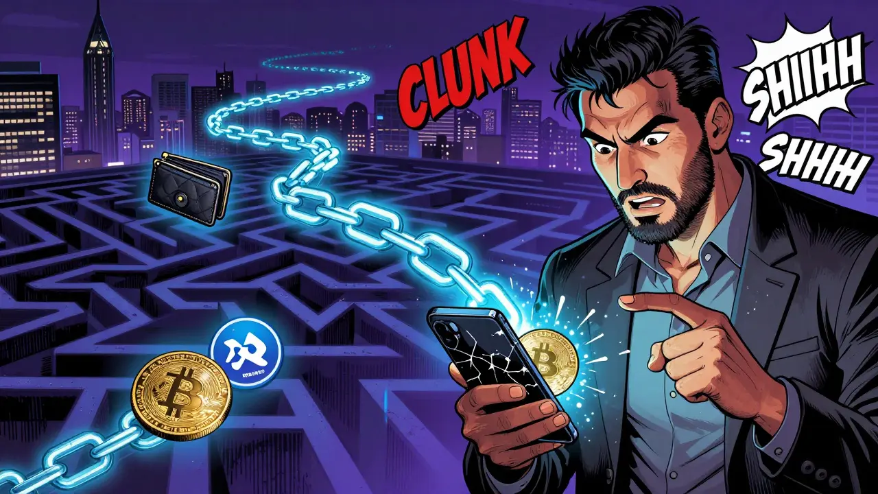 An Iranian trader sending crypto through three wallets using privacy coins in a city skyline.