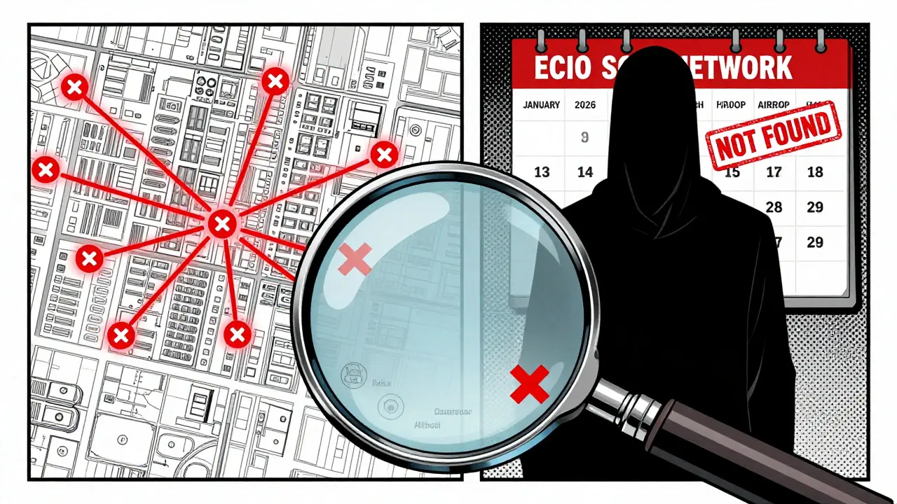 Blockchain map showing stolen funds traced to a shadowy ECIO scam network with no official traces.