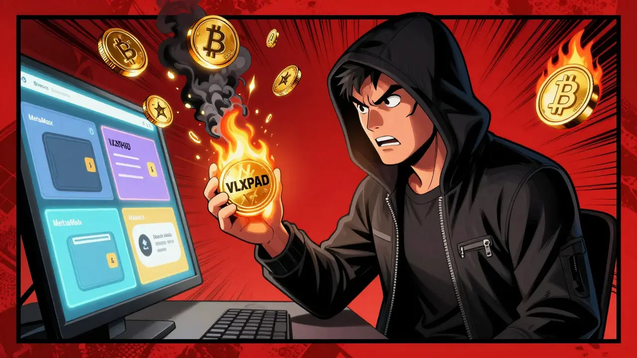 Crypto investor burning VLXPAD tokens while staking rewards rain down in a digital interface.