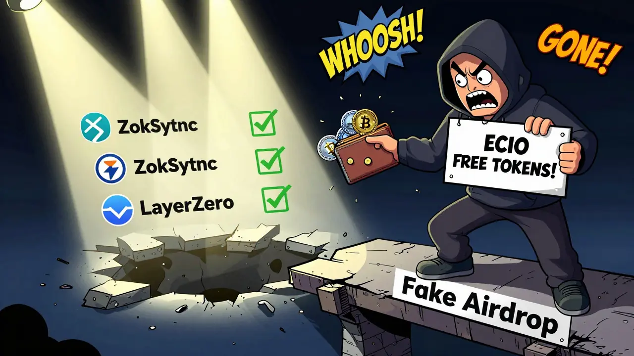 Crypto user on a crumbling bridge to scam, while real airdrops shine safely on solid ground.