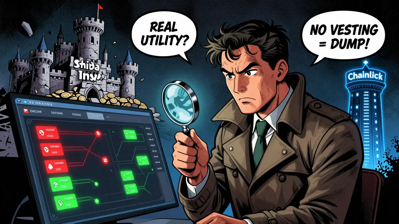 Detective examining blockchain data with whale wallets glowing red, while a crumbling token castle contrasts a strong tower.