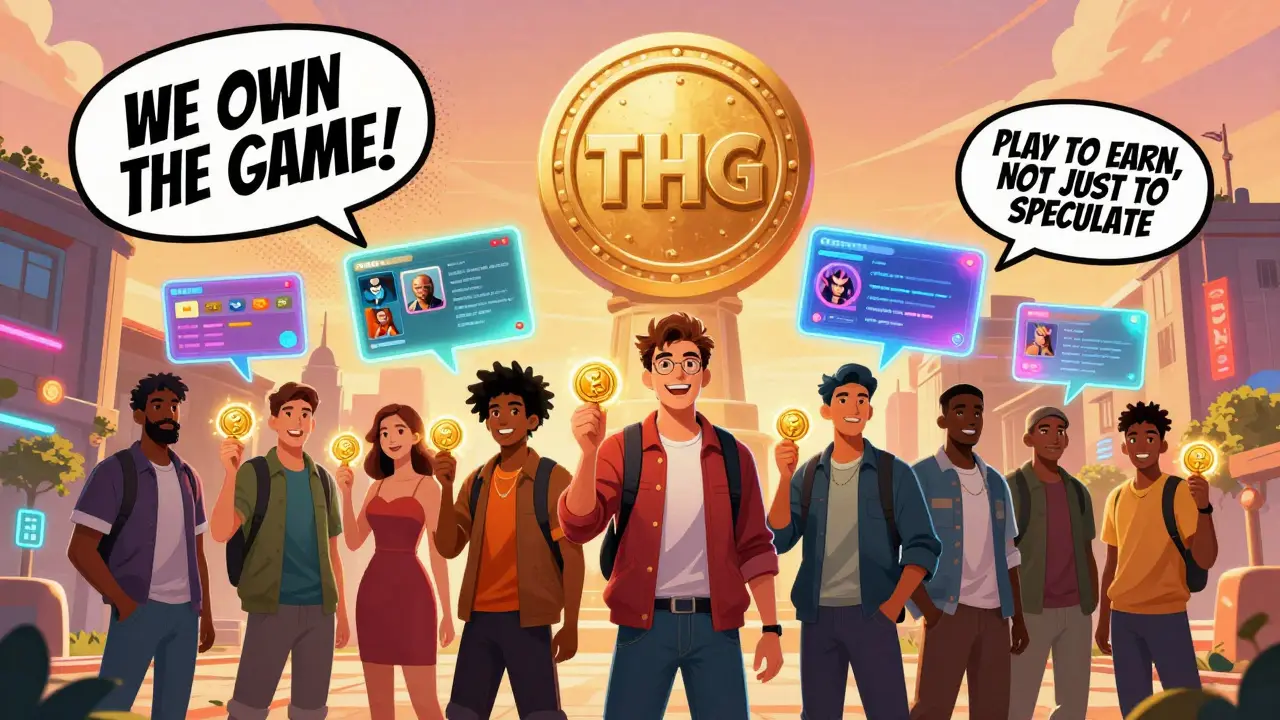 Diverse players voting on game updates with glowing THG tokens as a monument rises behind them.