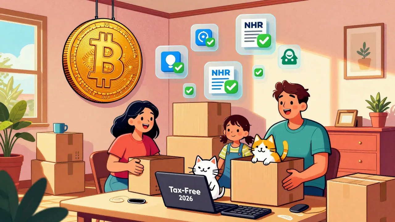 Family in Porto apartment with Bitcoin trophy and tax-free crypto icons floating above.