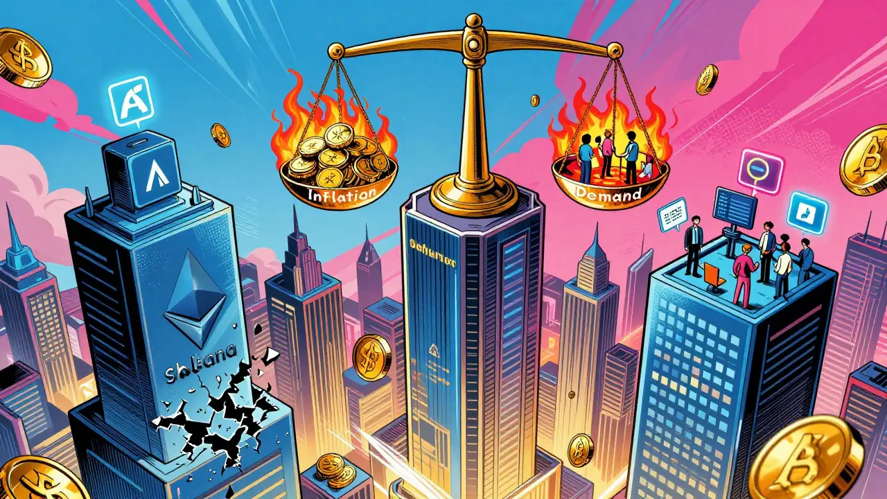 Futuristic city with base blockchains supporting floating platform tokens, one collapsing and one thriving with active users.