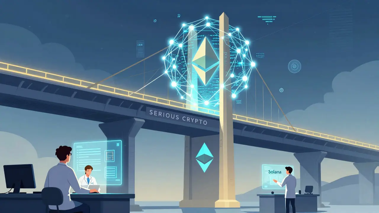 Futuristic crypto infrastructure bridge powered by blockchain nodes and developers working on smart contracts.