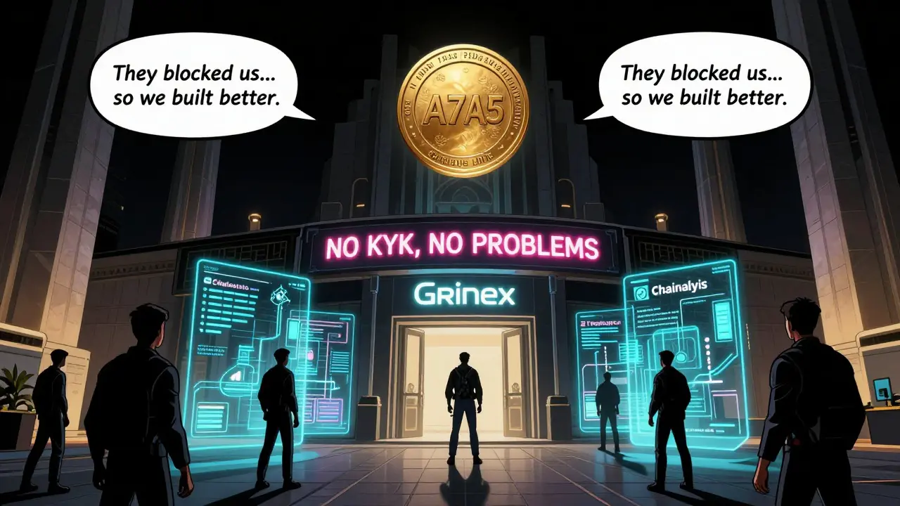 Grinex exchange fortress in Dubai with neon signs and blockchain tracking holograms.