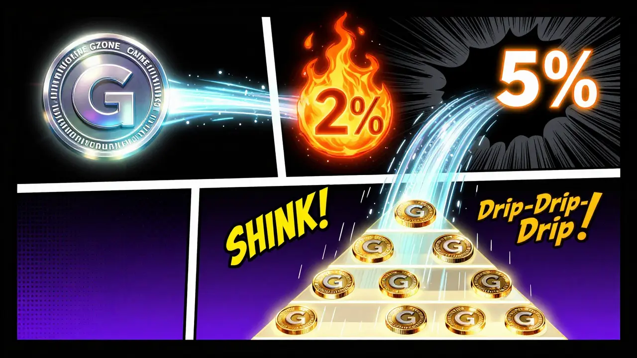 GZONE token sale with 7% fee splitting into burn and staker rewards in comic book style.
