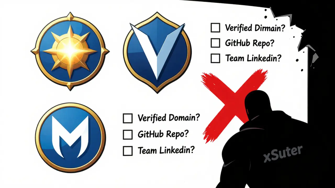 Legitimate airdrop logos shining as heroes while xSuter is crossed out in comic book style.