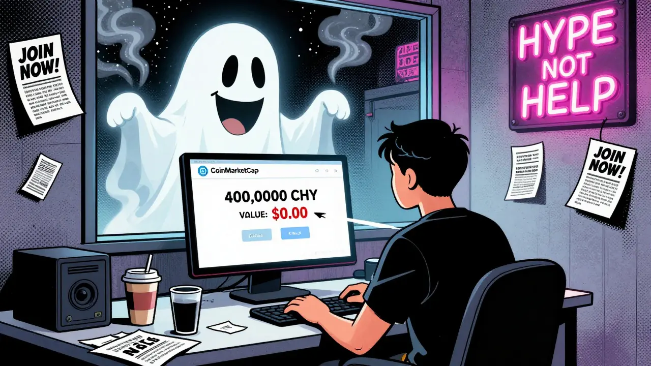 Person staring at a computer screen showing 400,000 CHY tokens with a <h2>Is This a Scam?</h2>.00 value, ghostly philanthropist fading behind.