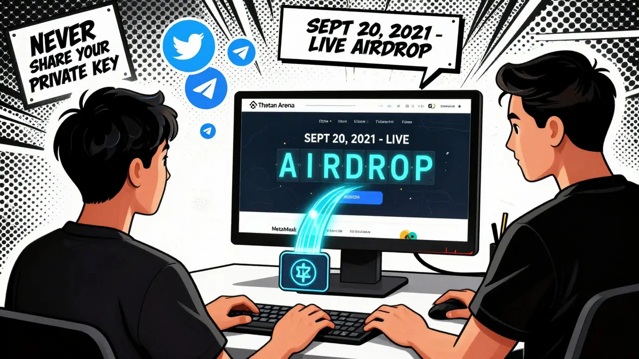 Player connecting wallet to Thetan Arena during 2021 airdrop with social media icons floating nearby.