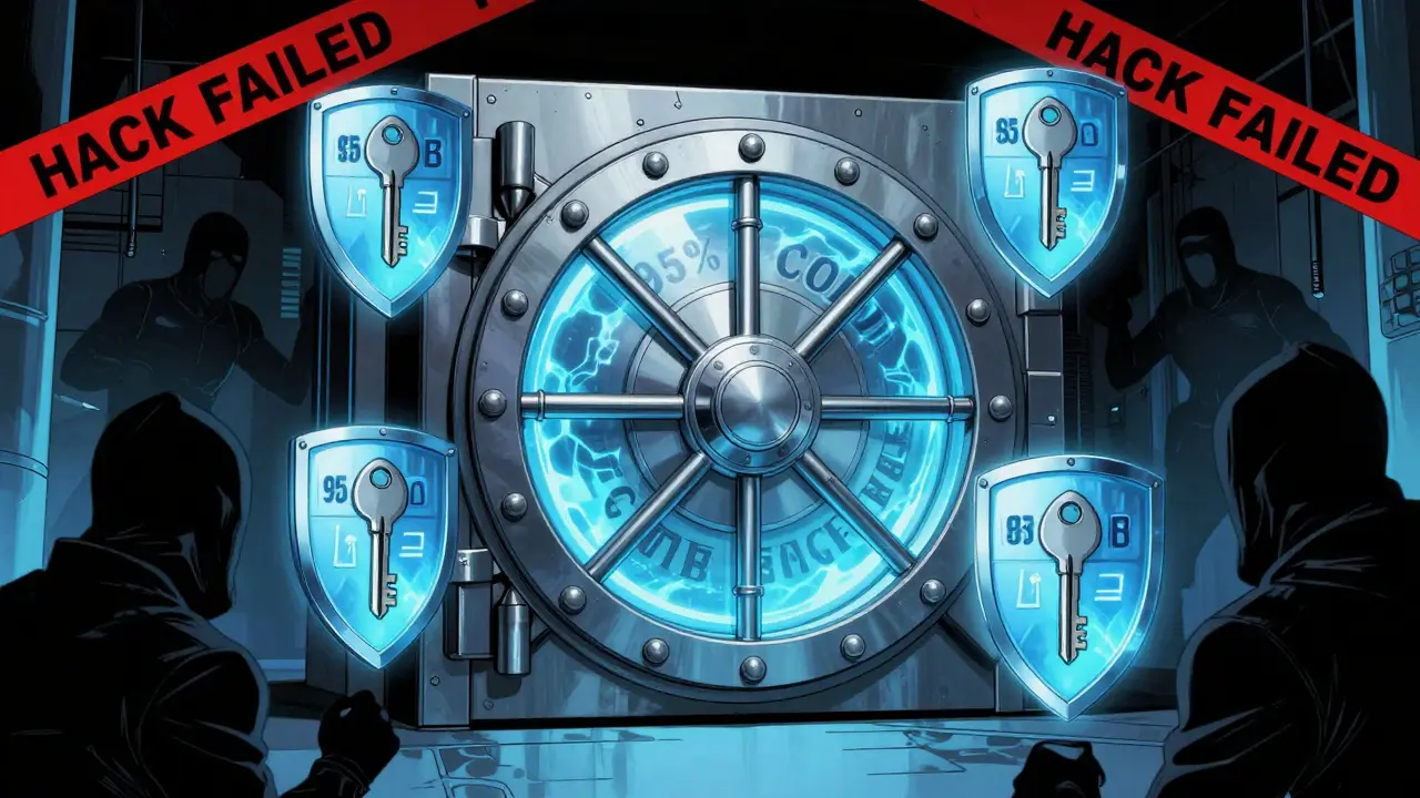 Secure cold storage vault repelling hackers with multi-signature shields
