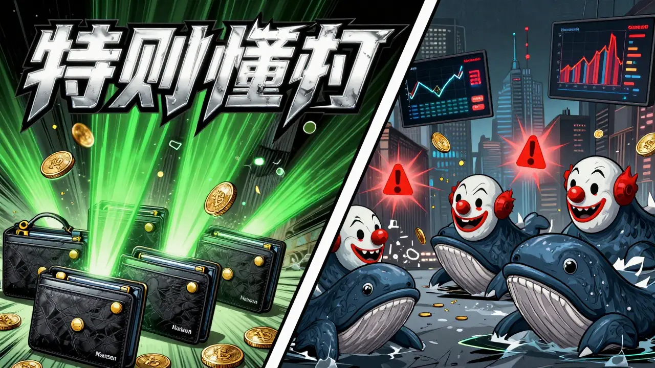 Smart Money wallets accumulate Bitcoin on one side, fake whales dump coins on the other in a comic battle.