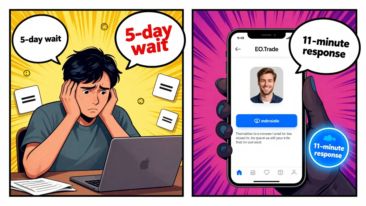 Split-panel comparison: frustrated user on a chaotic exchange vs. calm user with fast support on EO.Trade.
