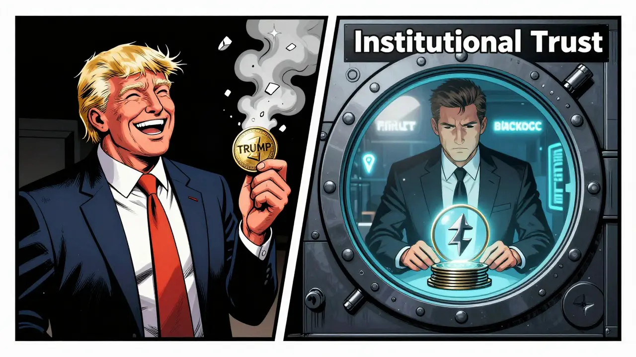 Split-panel contrast: memecoin trader watching token burn vs. investor securely staking Ethereum.