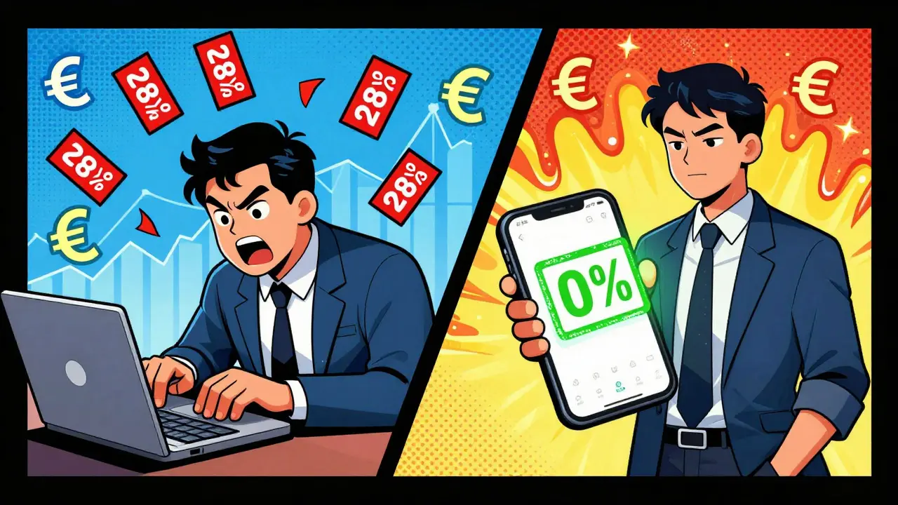 Split scene: frantic trader with 28% tax tags vs calm investor with 0% stamp.