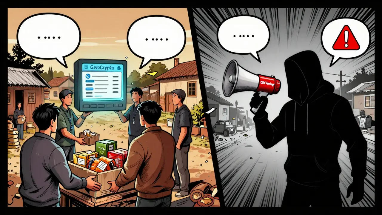 Split scene: real aid on left, shadowy CHY promoter on right, digital confetti falling over empty streets.