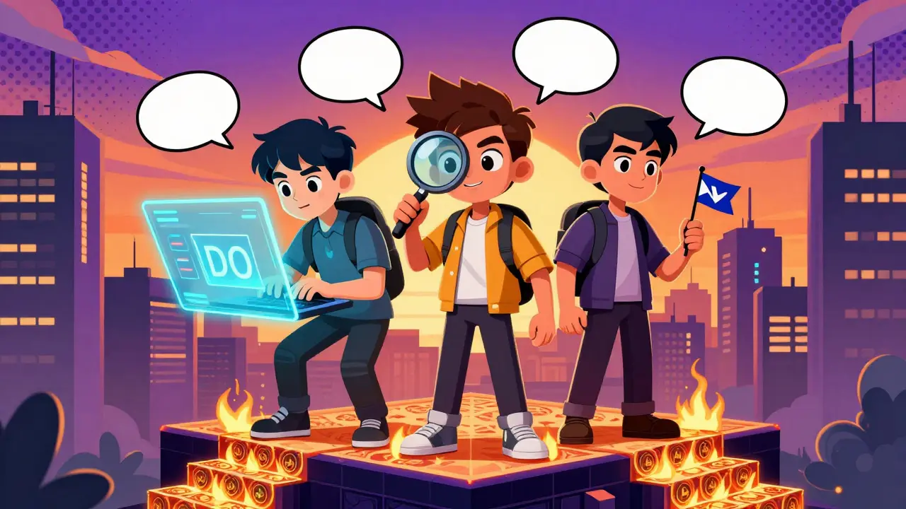 Three users—developer, investor, loyalist—standing on a staircase made of burning VLXPAD tokens.