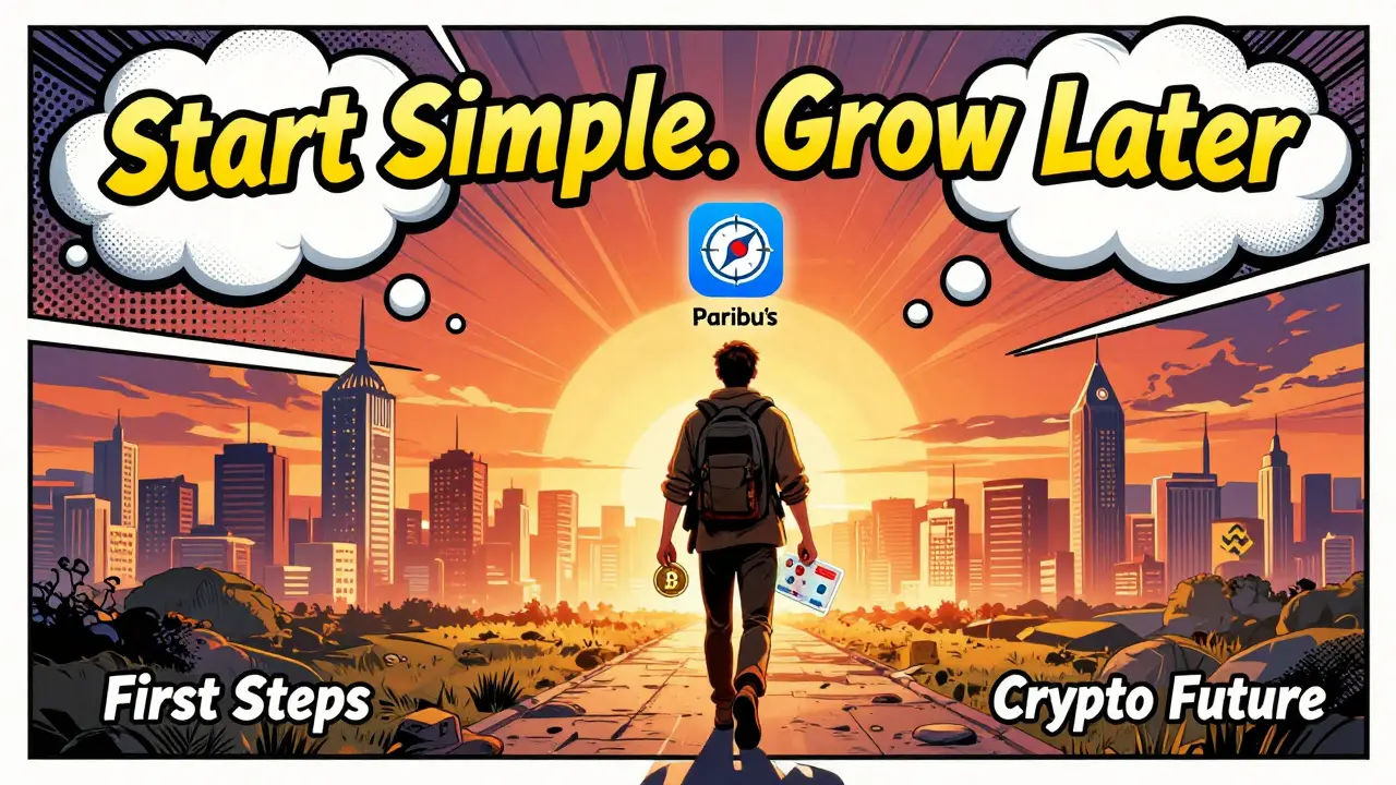 Turkish traveler walking toward crypto future holding Bitcoin and ID, Paribu as compass.