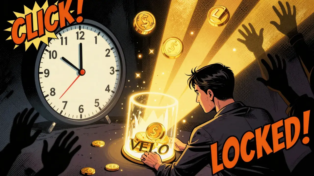 User locking VELO tokens into a time capsule as dilution shadows loom, with golden rewards shining ahead in comic book style.