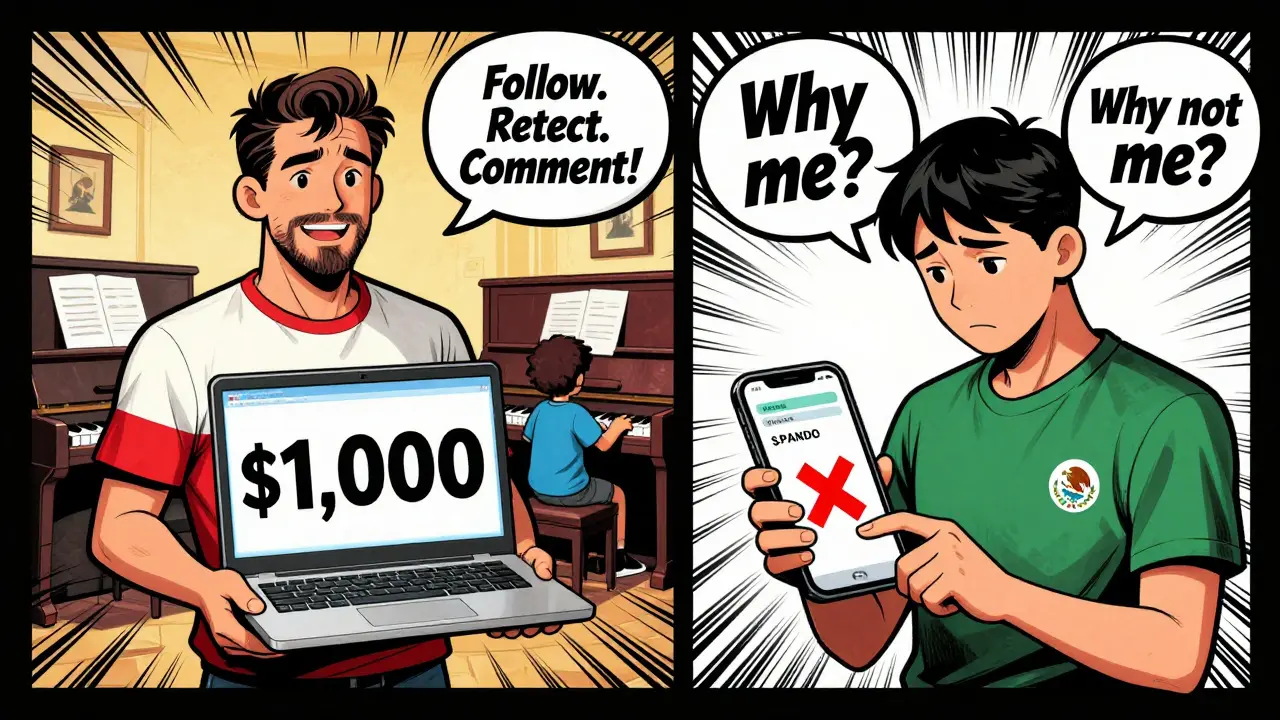 Winner celebrating with tokens and child playing piano, another participant disappointed by failed entry, comic split panel.