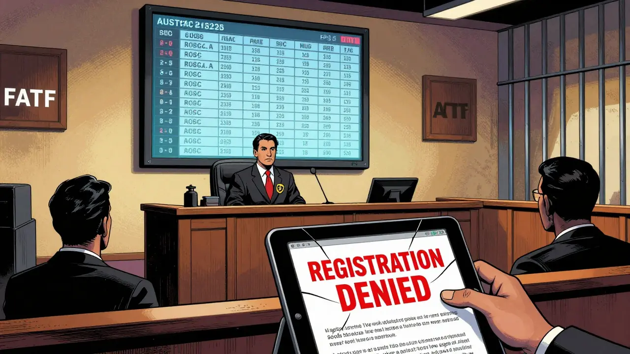 A corporate executive in court faces AUSTRAC authorities as a digital ledger displays transaction records and a 'REGISTRATION DENIED' alert glows red.