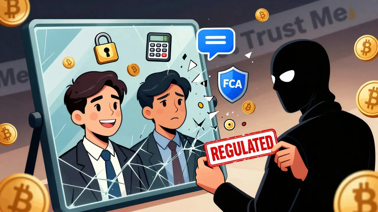 A cracked mirror reflecting investor emotions and missing security elements like locks and shields, with regulatory warnings.