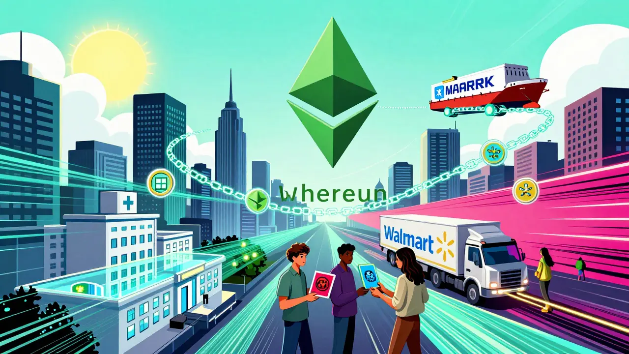 A futuristic city uses blockchain for healthcare, supply chains, and NFTs, connected by glowing smart contracts.