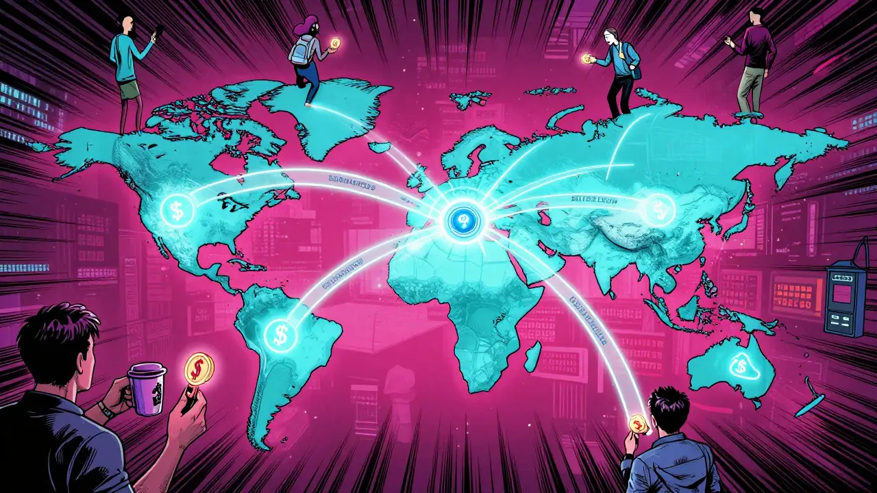 A global map shows tokenized assets flowing between regions as shoppers hold dividend-emitting sneakers and coffee mugs.