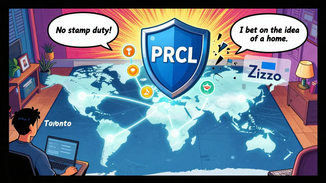 A global user at a laptop with a PRCL token shield offering governance and rewards, while a shattered Zillow logo fades into pixels.