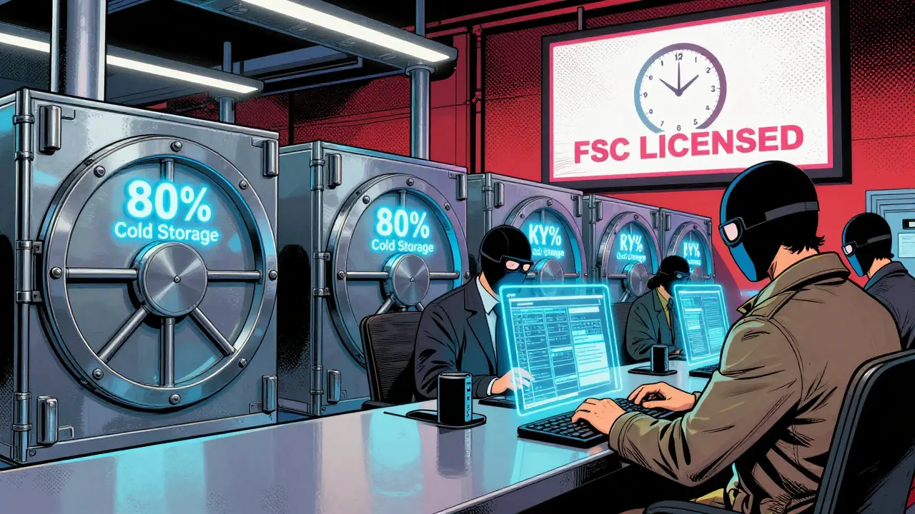 A high-tech crypto exchange with glowing cold storage vaults and compliance officers scanning transactions using holographic scanners.