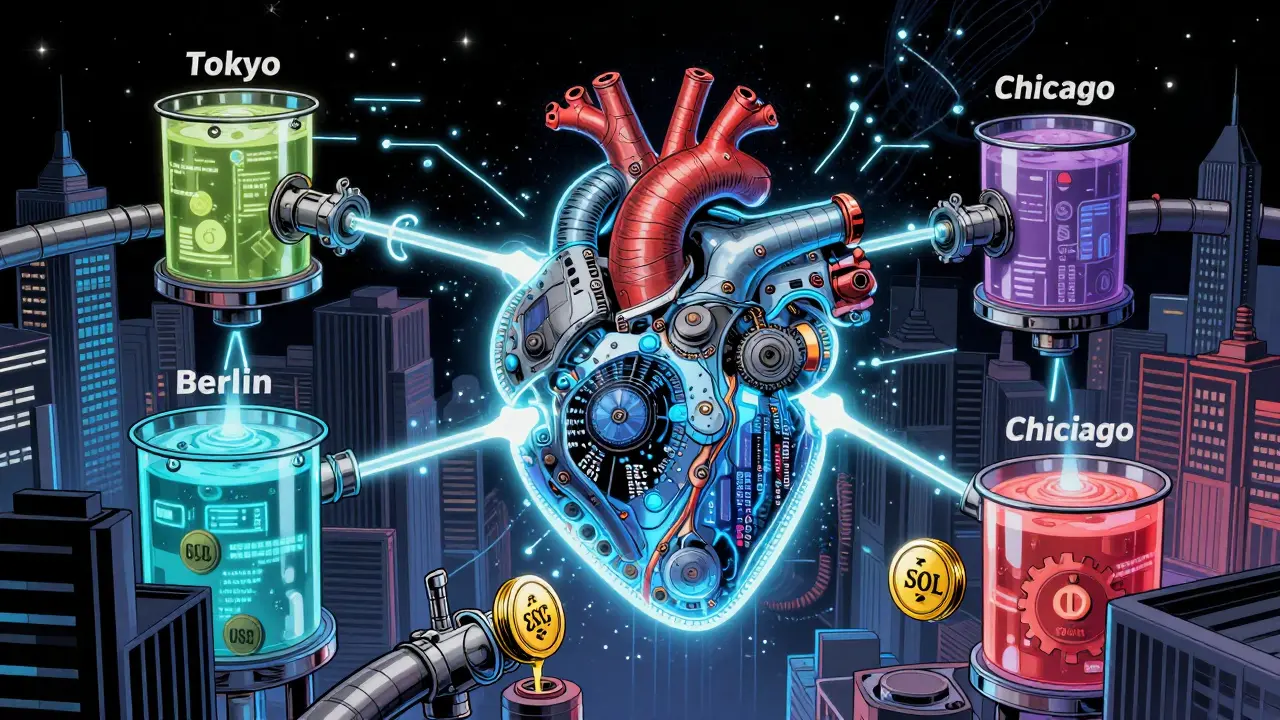 A mechanical smart contract heart pumping collateral through isolated city pipelines, with PRCL tokens as control valves, set against a cosmic background.