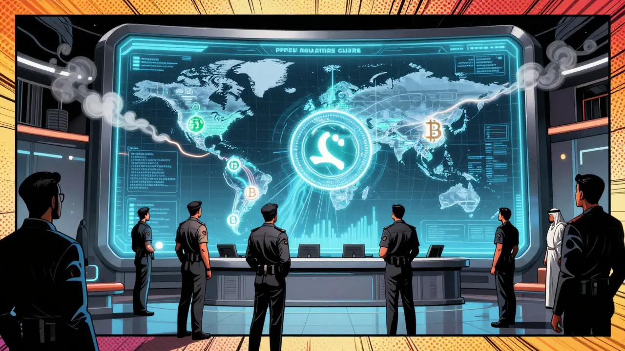 A Pakistani crypto authority center glows at the center of global digital money flows.