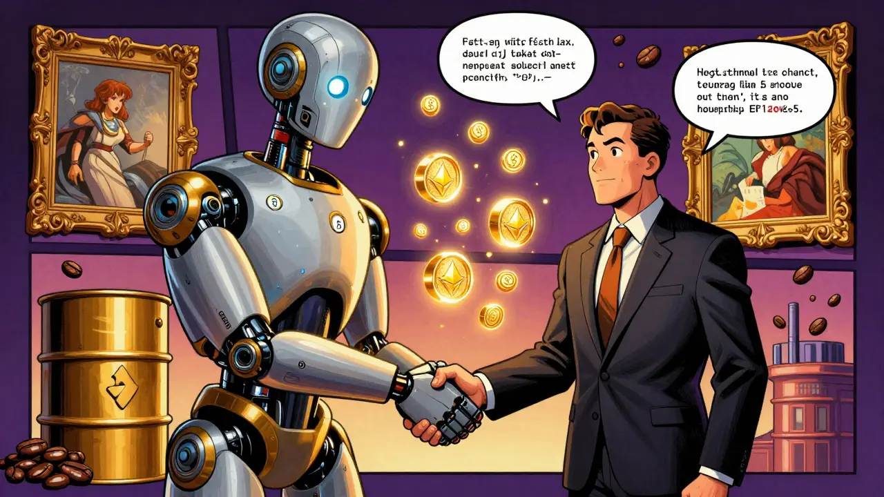 A robotic smart contract shakes hands with a Wall Street manager while oil, coffee, and art turn into floating tokens.