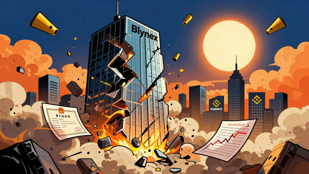 Blynex tower crumbles as legitimacy symbols break, while trusted exchanges stand strong in the distance.