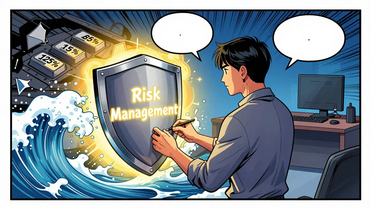 Calm trader protected by risk management shield while chaotic market crashes around, shattered high-leverage buttons in distance.