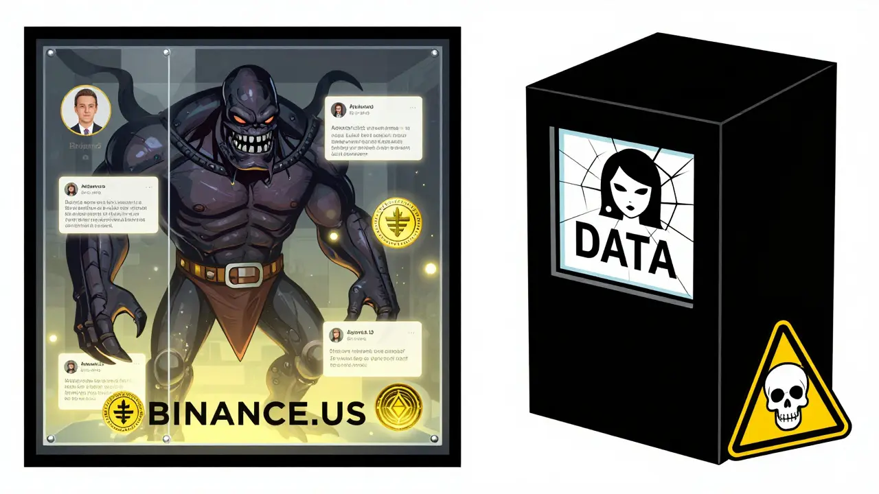 Comparison of transparent, trustworthy exchanges versus a sealed black box labeled Aryana with warning signs.