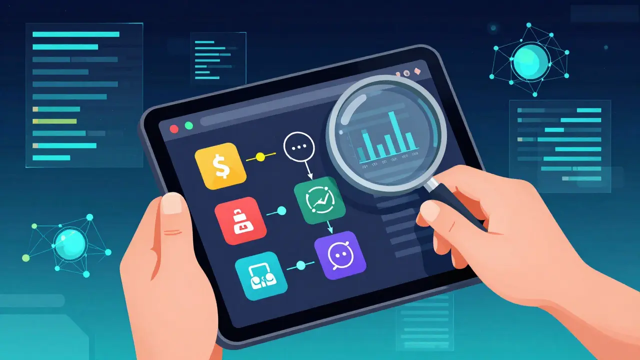 Developer analyzing transaction events using visual data icons on tablet