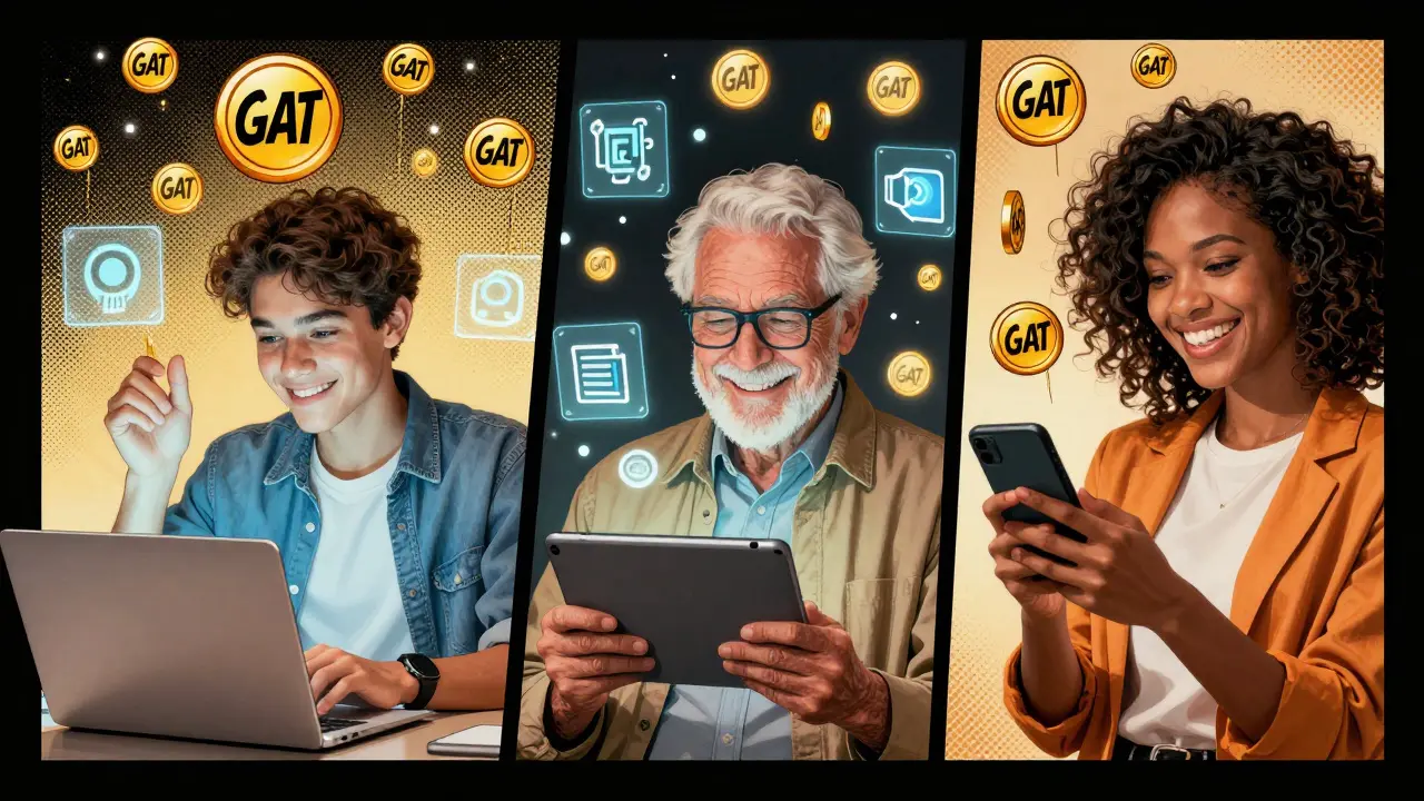Diverse users earning GAT tokens from their devices, with glowing protocol icons floating around them.