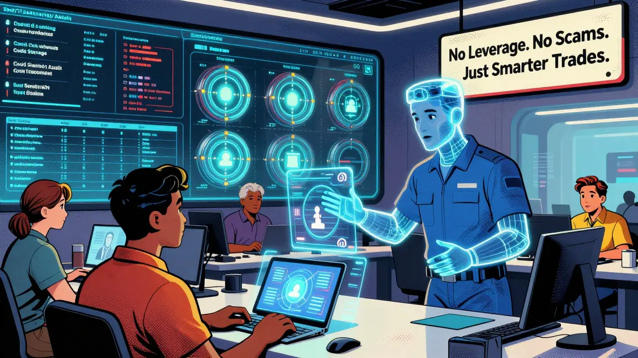 Diverse users receiving live AI support in a futuristic center with security visuals and holographic agents.