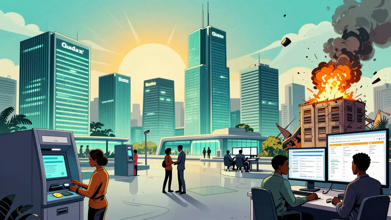 Futuristic Nigerian fintech hub with licensed exchanges and secure Naira deposits under regulatory oversight.