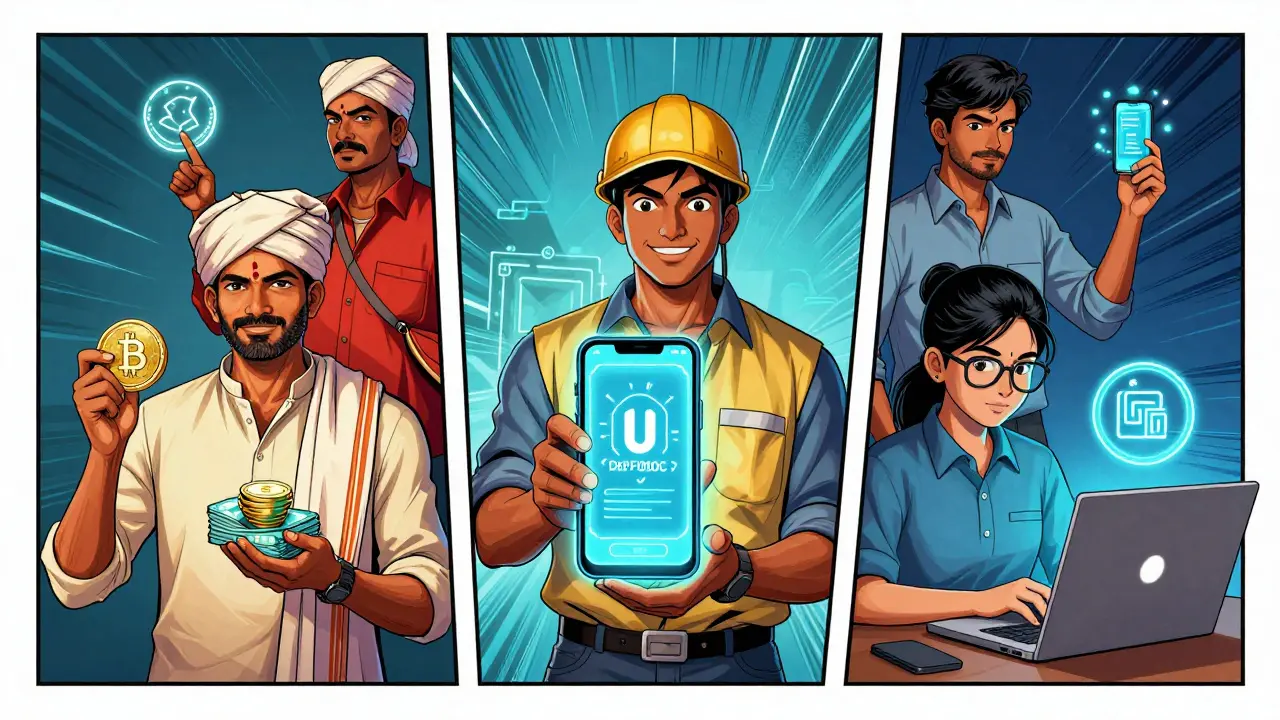 Indian farmer, gig worker, and student using crypto daily — sending payments, receiving salary, coding DeFi, digital glow effects.