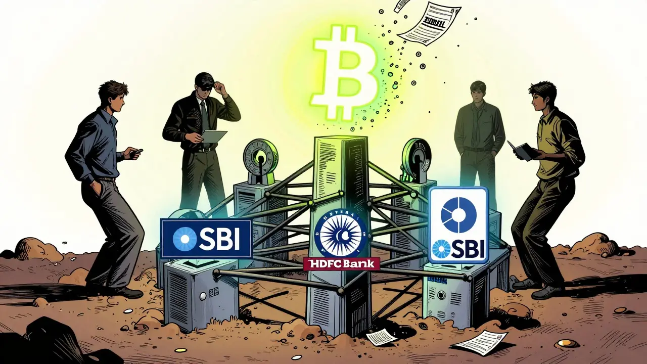 Major Indian banks embracing blockchain, Bitcoin symbol glowing above them, tax forms turning to digital particles.